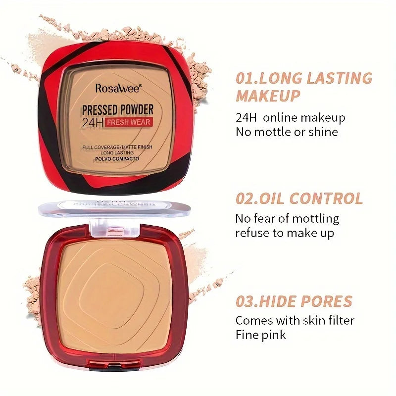 Matte Full Coverage Pressed Powder Foundation with Puff Applicator, 24H Fresh Wear Matte Weightless Finishing Powder Makeup