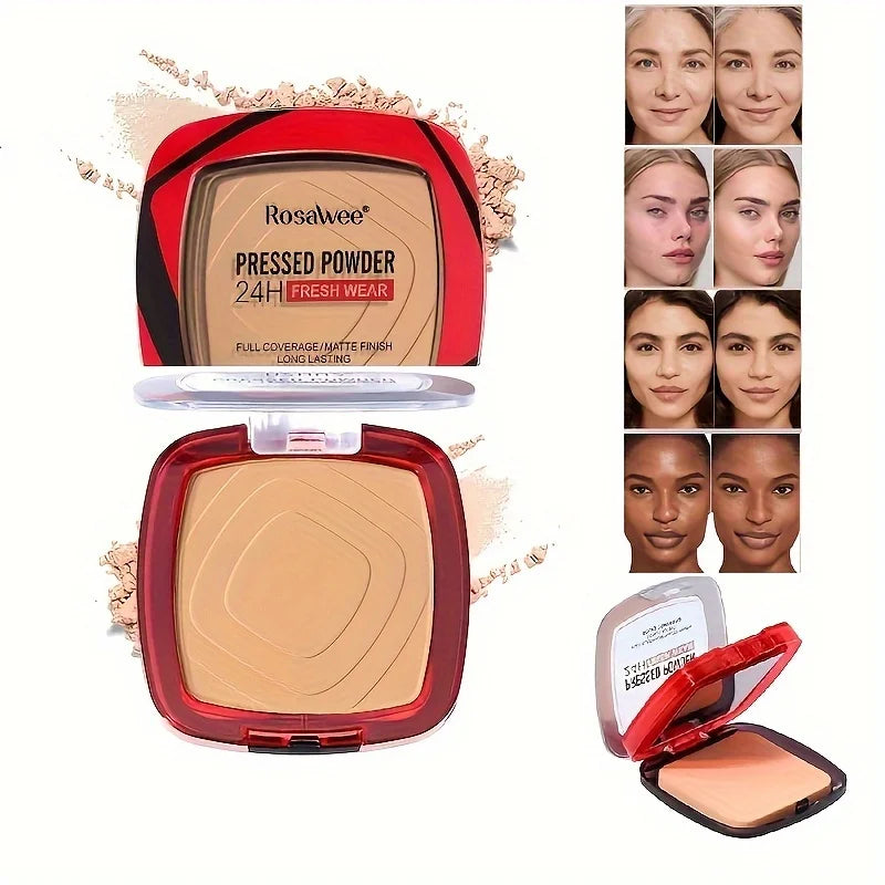 Matte Full Coverage Pressed Powder Foundation with Puff Applicator, 24H Fresh Wear Matte Weightless Finishing Powder Makeup