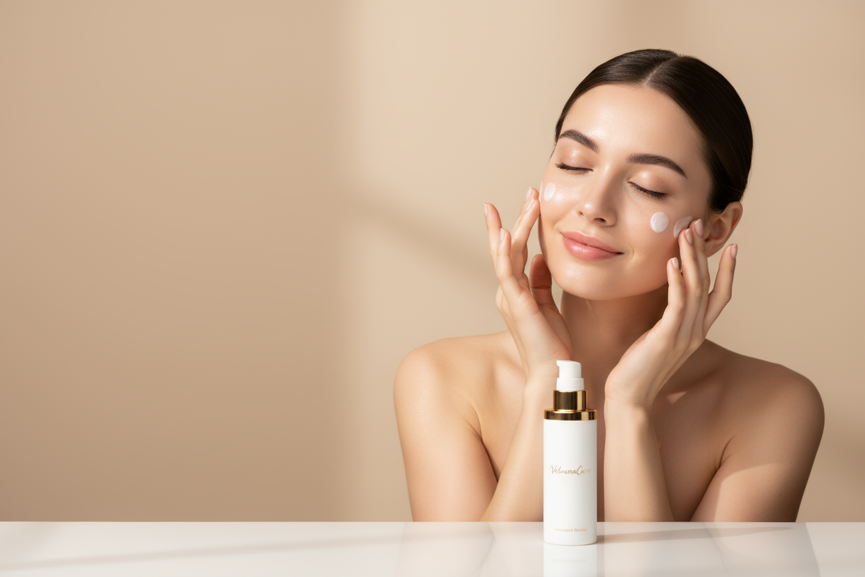 the model herself is visible and is using one of the lotions on her face, she is glowing